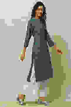 Blue Cotton Striped Straight Kurta image number 4