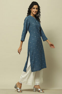 Blue Cotton Striped Straight Kurta image number 4