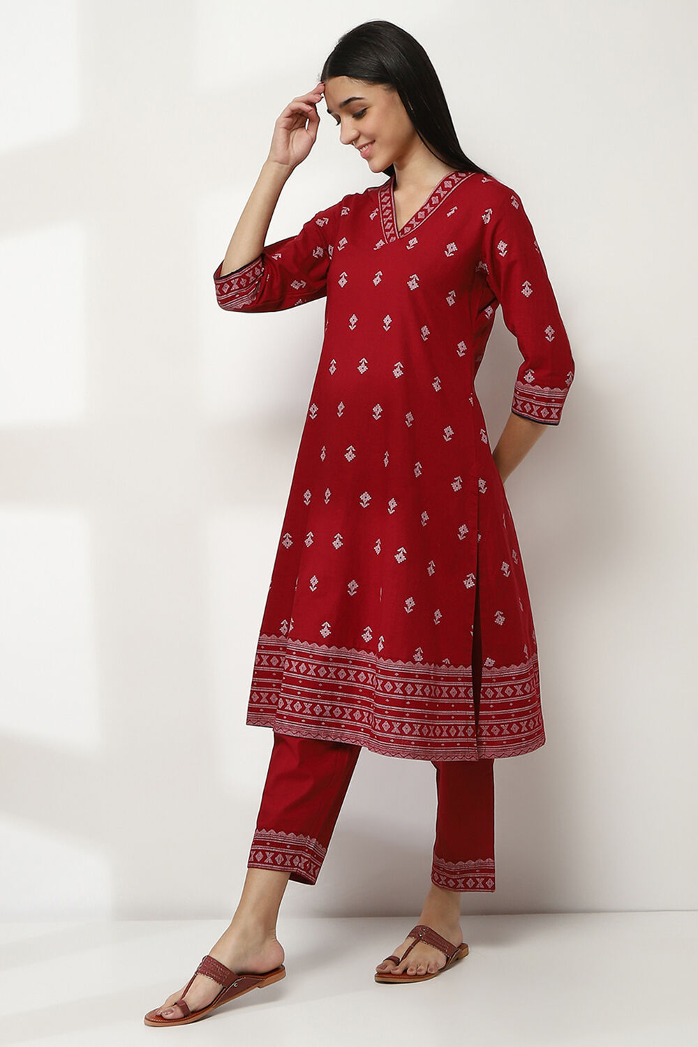 Navy Blue Cotton Printed Straight Kurta Set image number 3