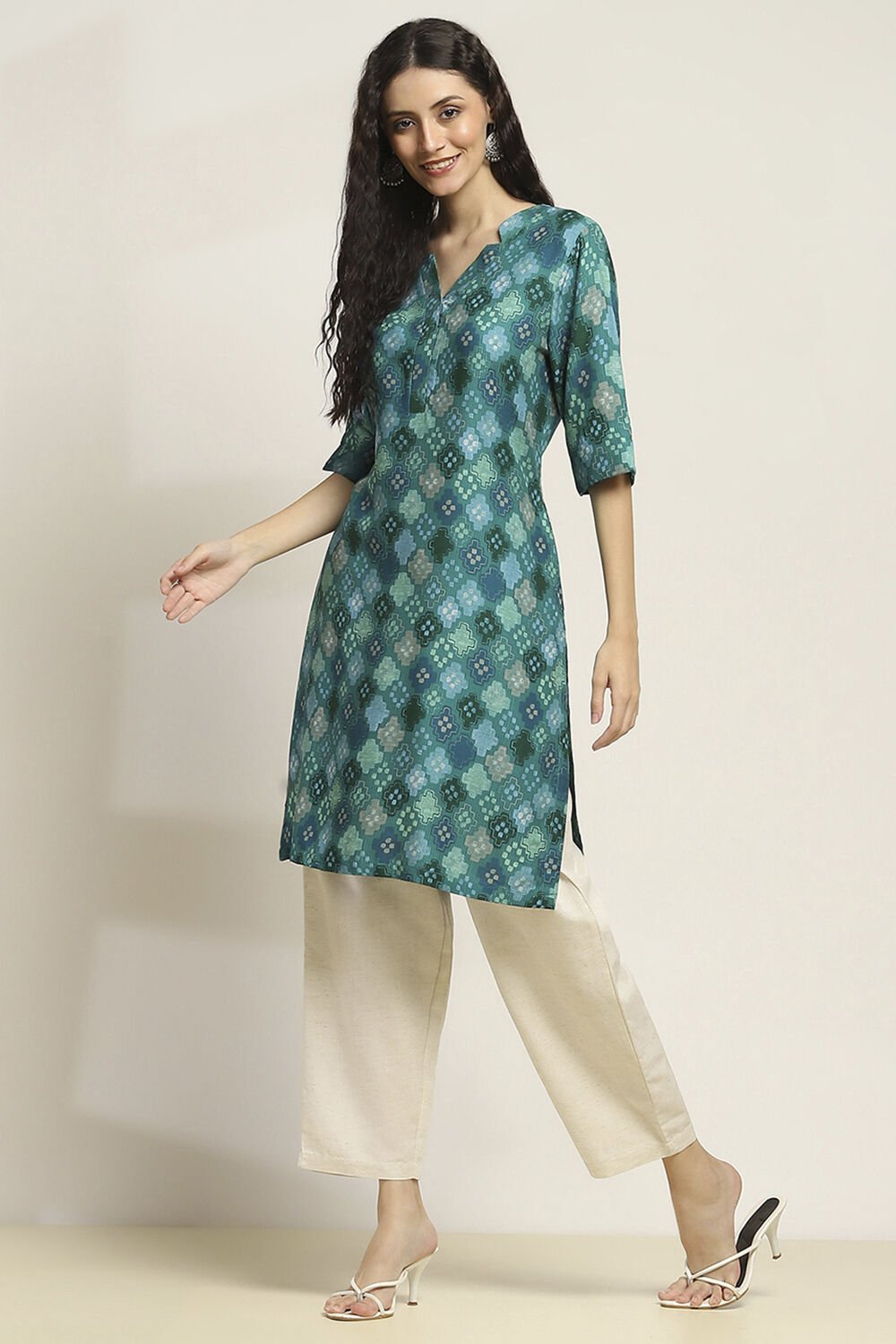 Teal Blue Printed Straight Kurta image number 2