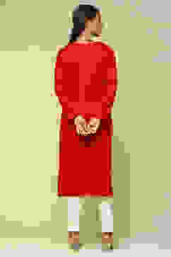 Red Acrylic Straight Kurta image number 3
