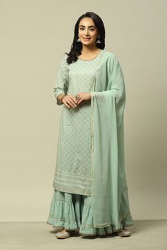Sage Green Cotton Straight Printed Kurta Sharara Suit Set image number 7
