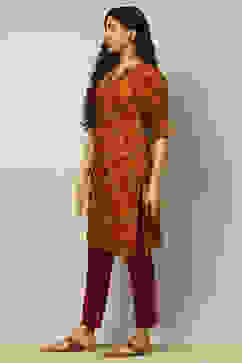 Mustard Yellow Floral Printed Straight Kurta image number 2