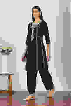 Black Rayon Viscose Rayon Kurta Pants Set image number 3