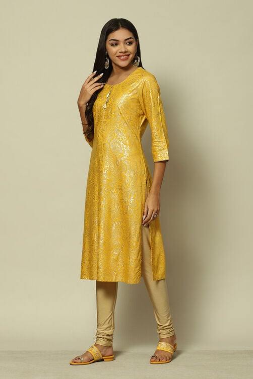 Yellow Viscose Straight Printed Kurta image number 2