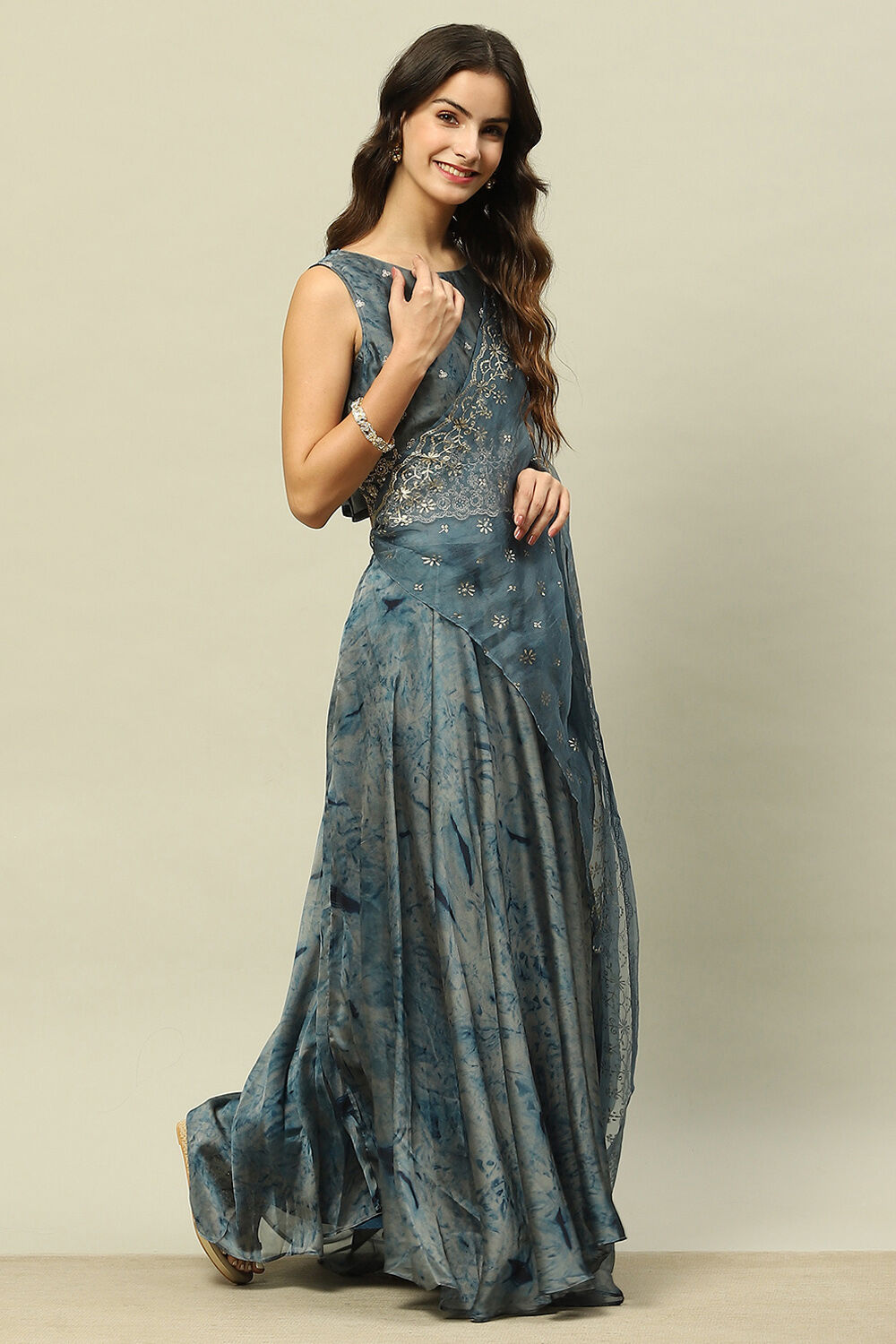 Blue Poly Georgette Straight Printed Crop Top Skirt Set image number 0