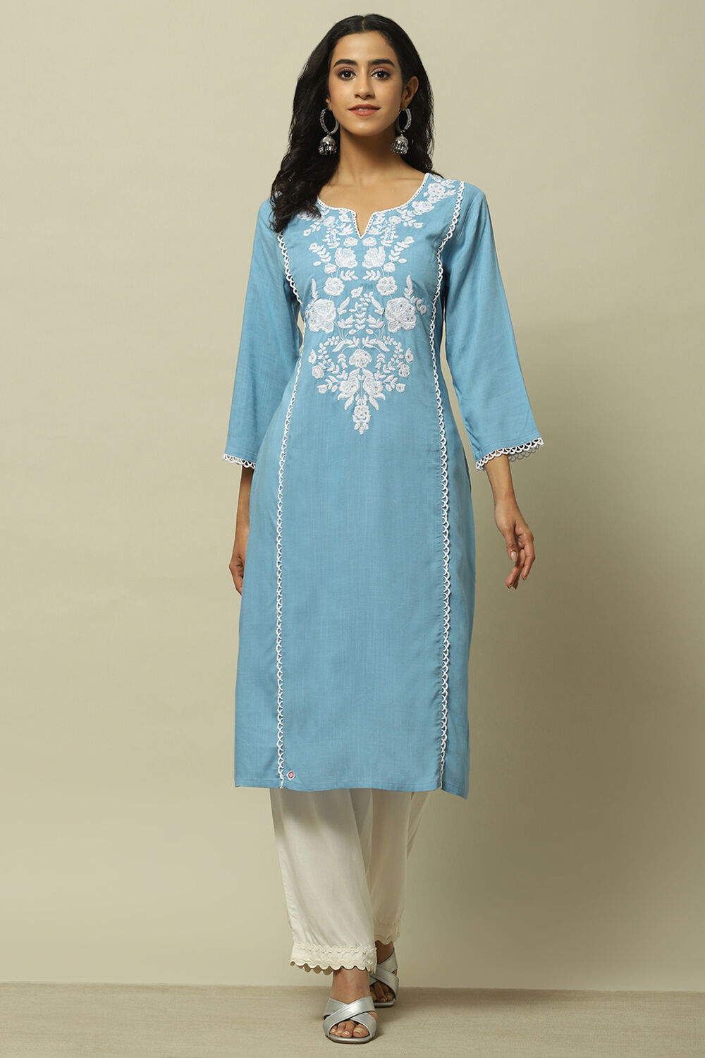 Ice Blue Floral Embroidered Straight Kurta image number 0