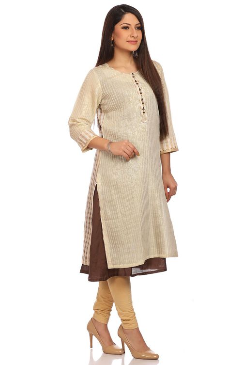 Beige Straight Cotton Kurta image number 1