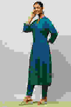 Teal Blue Rayon Straight Printed Kurta Salwar Pants Suit Set image number 3