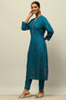 Teal Blue Rayon Straight Printed Kurta Salwar Pants Suit Set image number 3