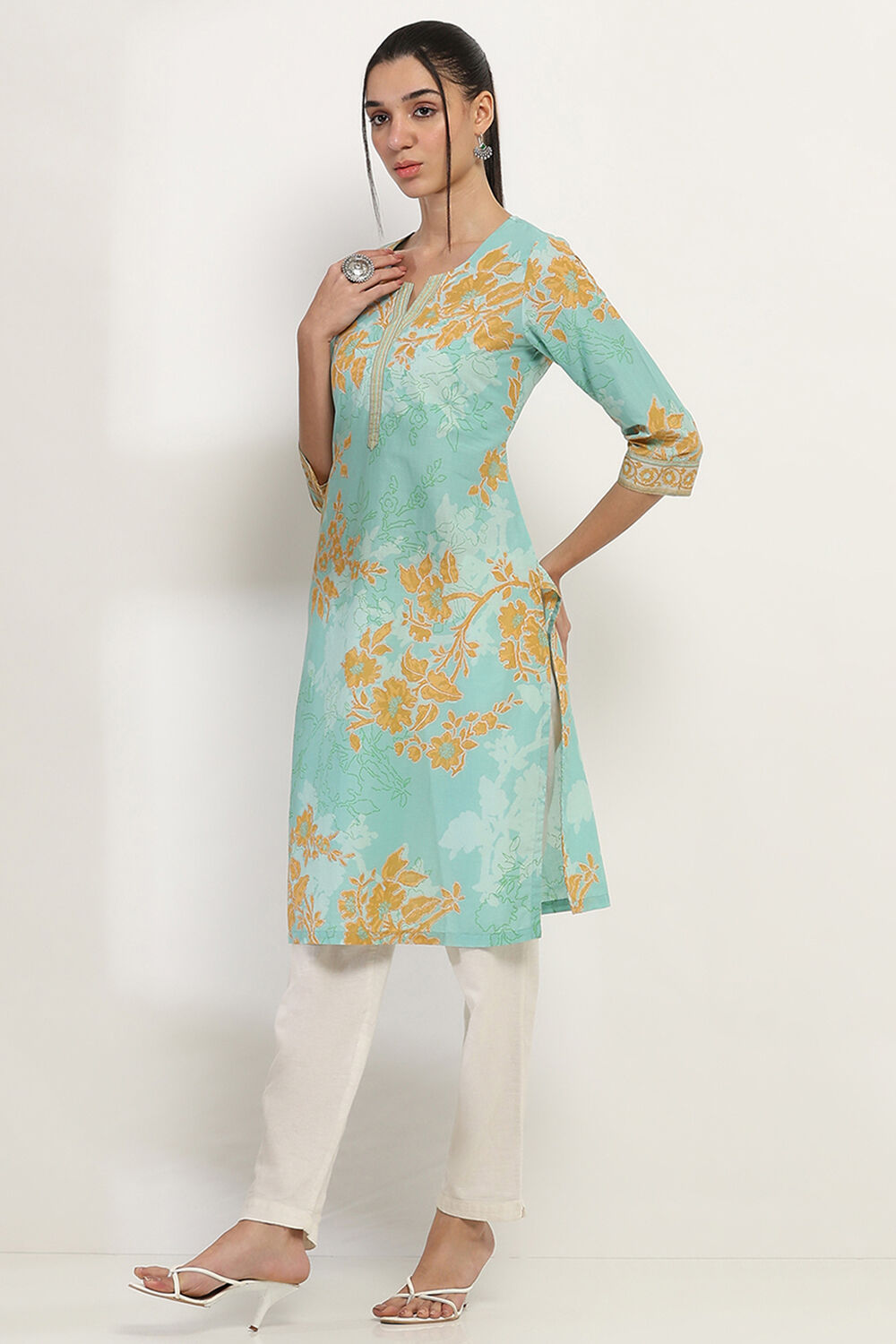 Aqua Cotton Printed Straight Kurta image number 2