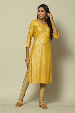 Yellow LIVA Straight Printed Kurta image number 3