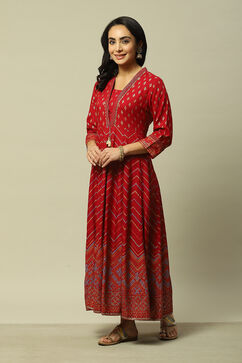 Red LIVA Tiered Printed Dress image number 2