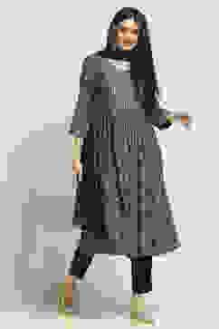 Navy Viscose Rayon Printed Gathered Suit Set image number 4