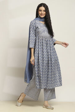 Grey Cotton Gathered Suit Set With Dupatta image number 5