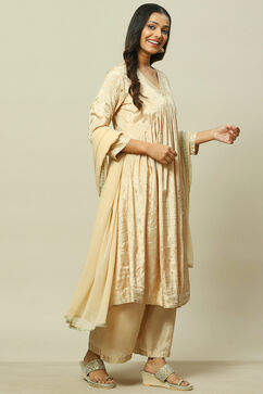 Beige LIVA Woven Tired Kurta Suit Set image number 6