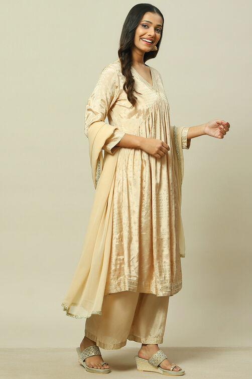 Beige Viscose Woven Tired Kurta Suit Set image number 6