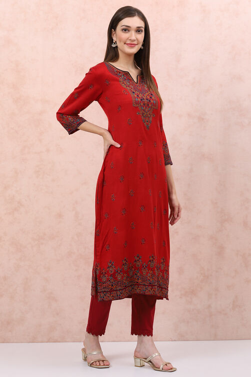 Red Art Silk Straight Suit Set image number 3