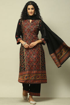 Black Poly Viscose Straight Printed Kurta Palazzo Suit Set image number 0