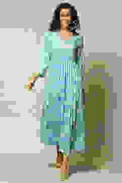 Blue LIVA Tiered Printed Dress image number 5