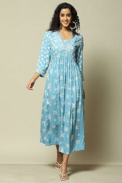 Blue LIVA Tiered Printed Dress image number 5