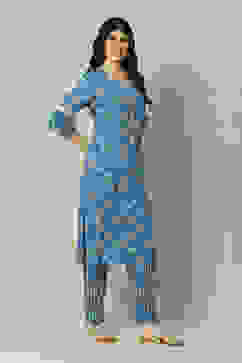 Blue LIVA Straight Printed Kurta Palazzo Suit Set image number 5