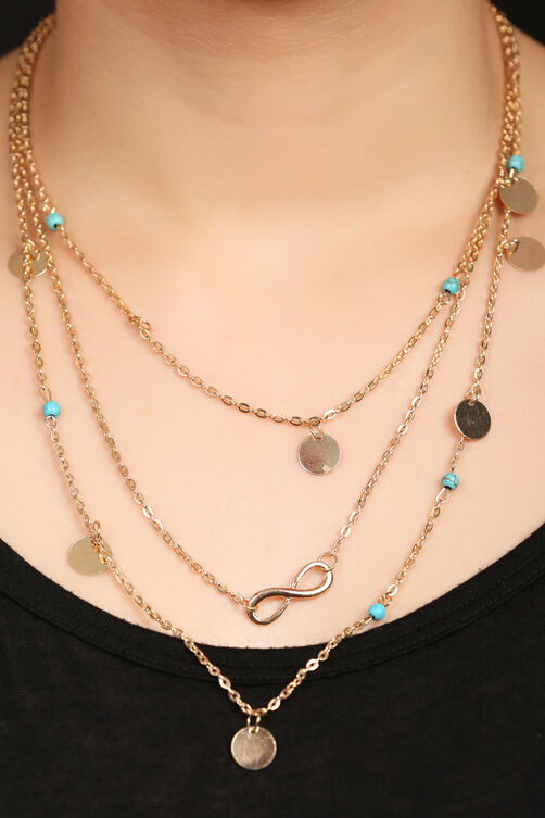Golden Multi Layered Necklace With Charms And Beads image number 2
