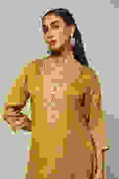 Mustard Acrylic Straight Yarn Dyed Kurta Palazzo Suit Set image number 1