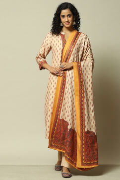 Off White Polyester Straight Printed Kurta Palazzo Suit Set image number 7
