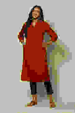 Maroon Polyester Straight Yarndyed Kurta image number 5