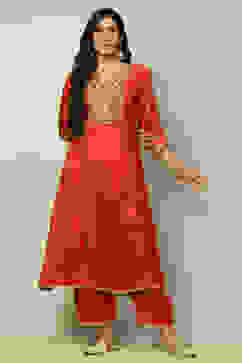 Rust Viscose Shantoon Embroidered A-line Kurta image number 0