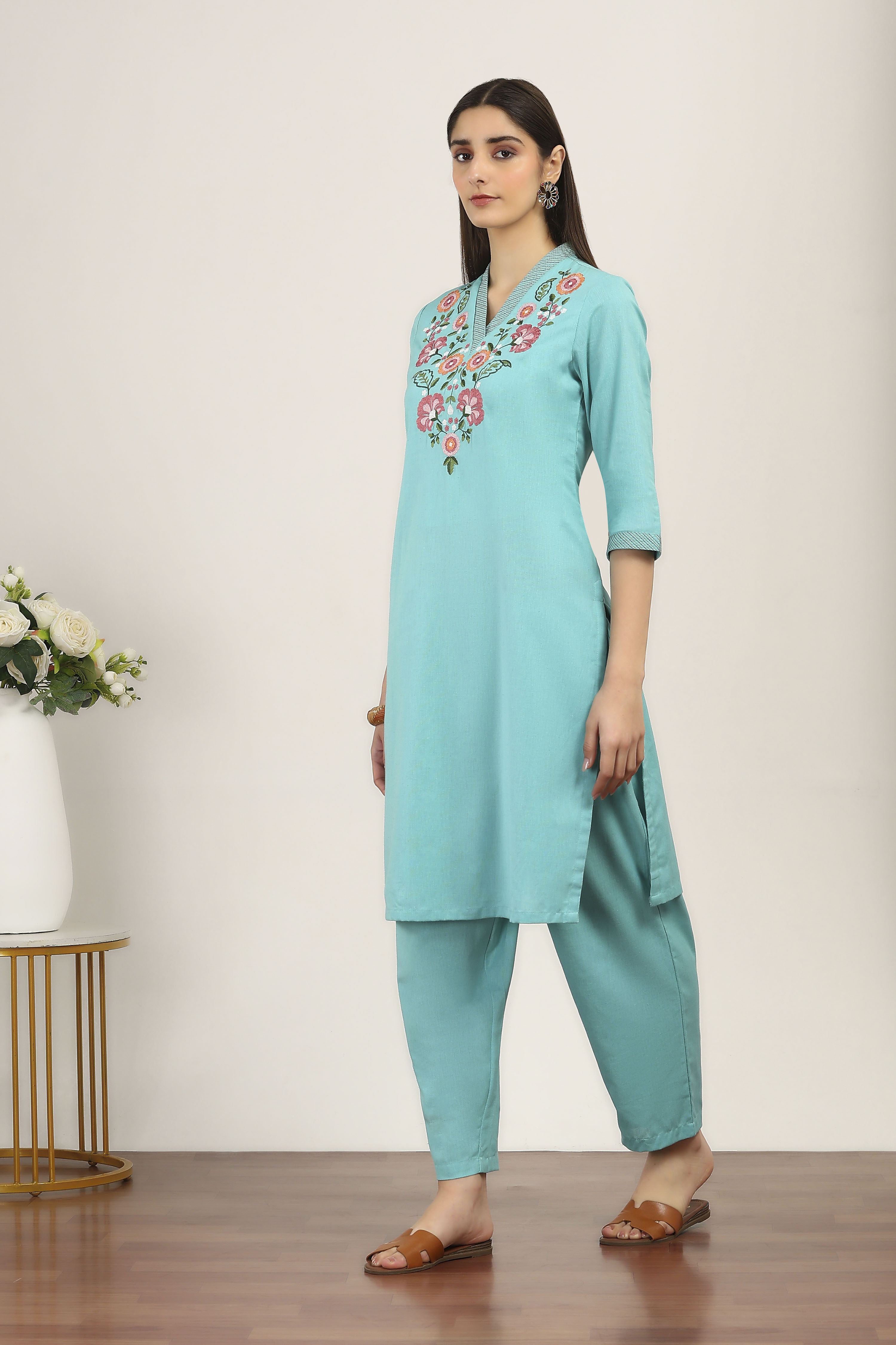 Green Cotton Blend Cotton Flex Kurta Pants Set image number 3