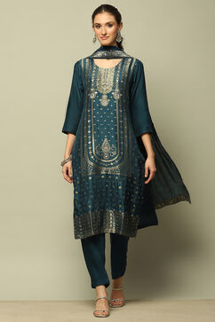 Blue Viscose Blend Straight Yarn Dyed Kurta Palazzo Suit Set image number 6