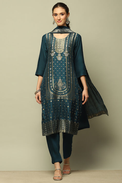 Blue Viscose Blend Straight Yarn Dyed Kurta Palazzo Suit Set image number 6