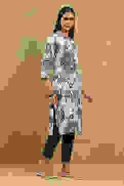 Grey and Black Printed Straight Kurta image number 4