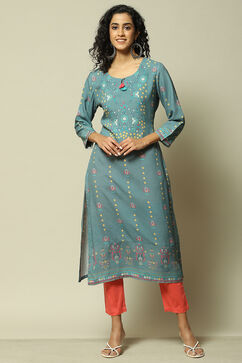 Teal Blue LIVA Straight Printed Kurta image number 5