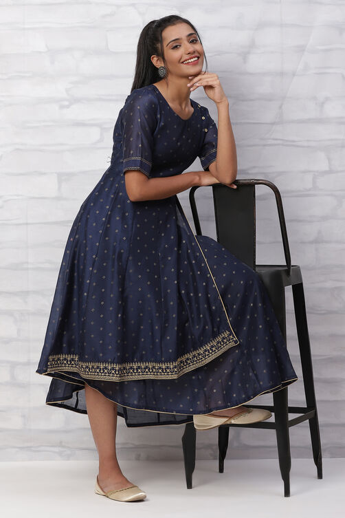 Navy Blue Polyester Chanderi Kalidar Dress image number 0