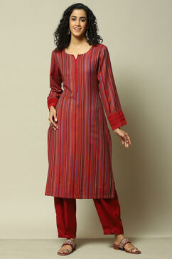 Red Acrylic Straight Yarndyed Kurta Palazzo Suit Set image number 6