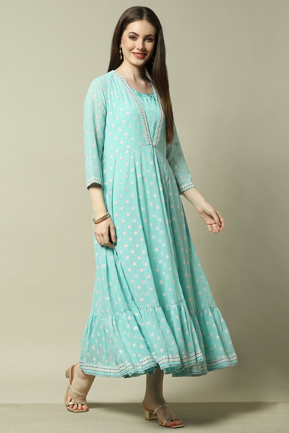 Blue Viscose Shantoon Printed A-line Dress image number 4