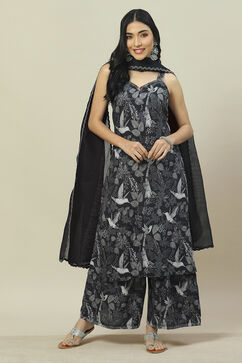 Black LIVA Woven Straight Kurta Suit Set image number 7