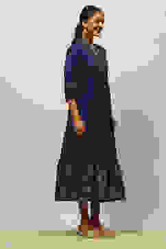 Blue Viscose Muslin Printed Tiered Dress image number 4