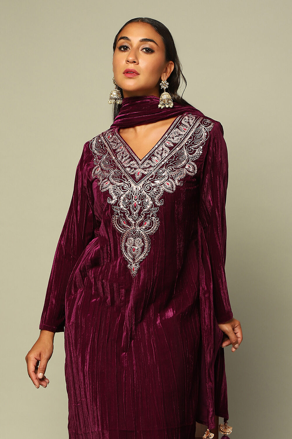 Wine Poly Velvet Straight Solid Kurta Palazzo Suit Set image number 1