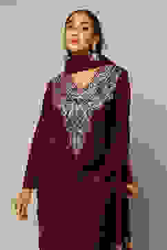Wine Poly Velvet Straight Solid Kurta Palazzo Suit Set image number 1