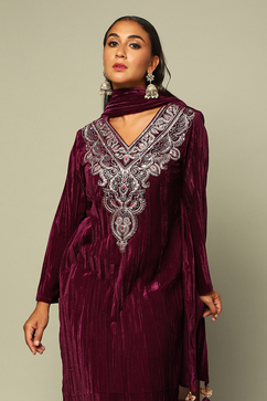 Wine Poly Velvet Straight Solid Kurta Palazzo Suit Set image number 1