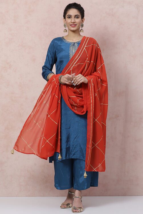 Teal Blue Viscose Straight Suit Set image number 0