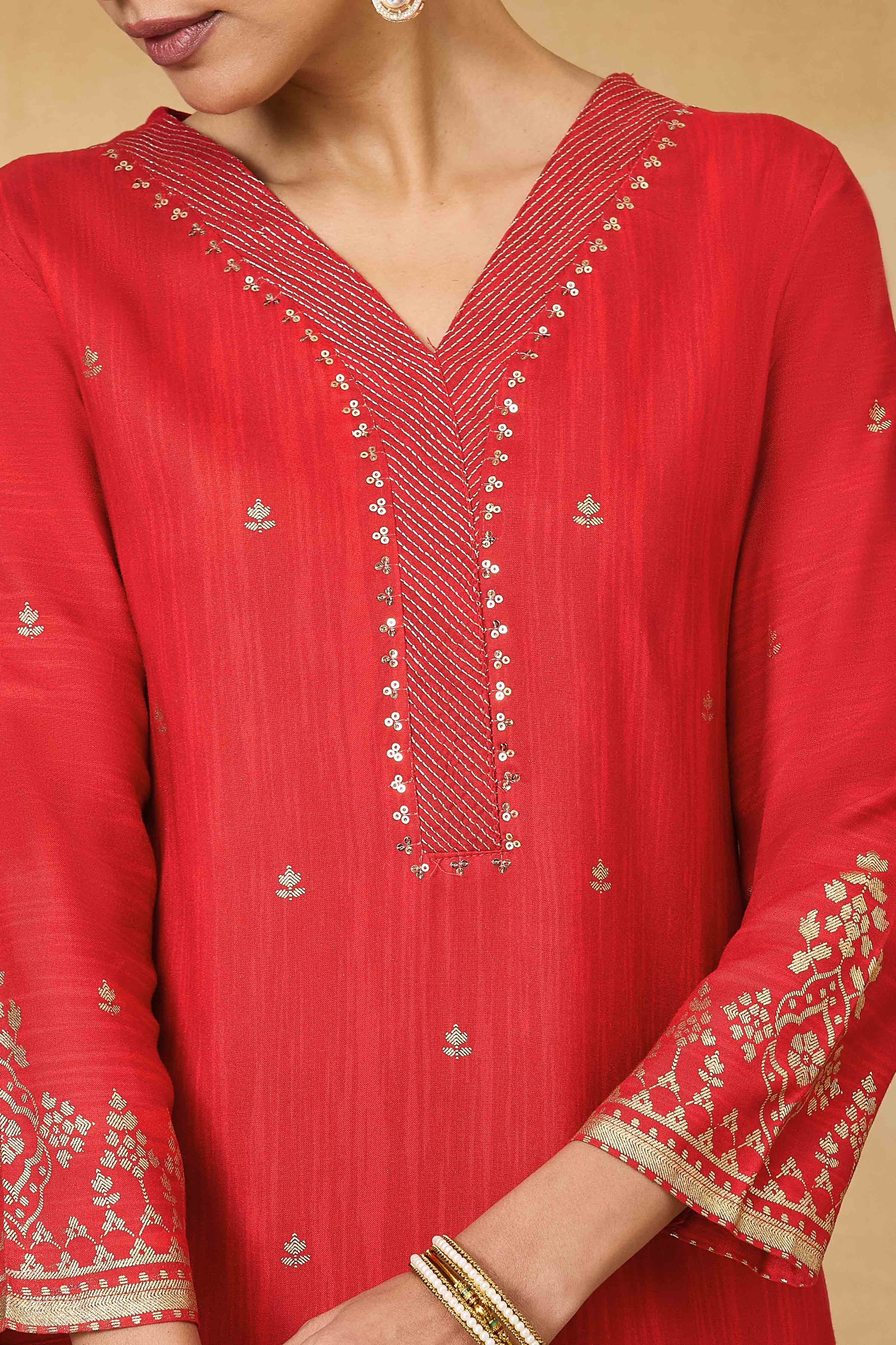 Red Viscose Rayon Straight Printed Kurta Pants Set image number 1