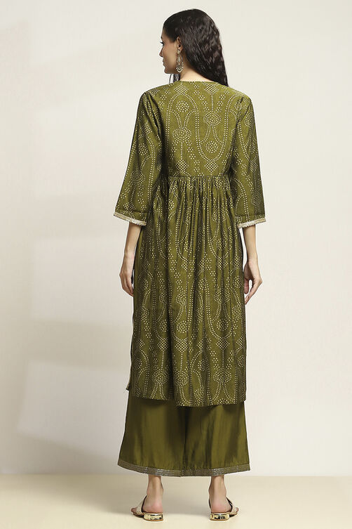 Green Viscose Blend Printed Gathered Suit Set image number 4