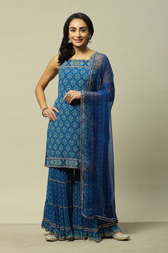 Blue Polyester Straight Printed Kurta Sharara Suit Set image number 7