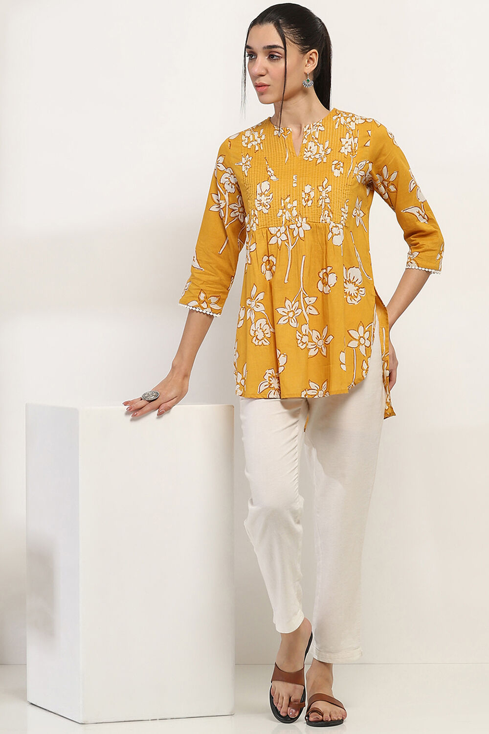 Mustard Yellow Cotton Printed Indie Top image number 0