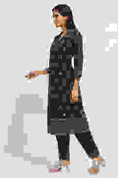 Navy Blue Cotton Printed Straight Kurta Set image number 3